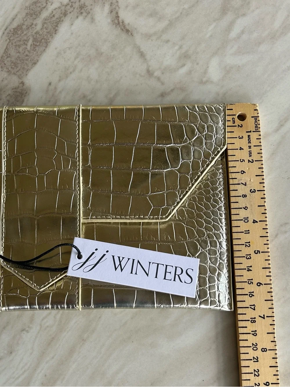 JJ Winters Nikki Gold Croc Envelope Clutch Metallic Vegan Leather Bag